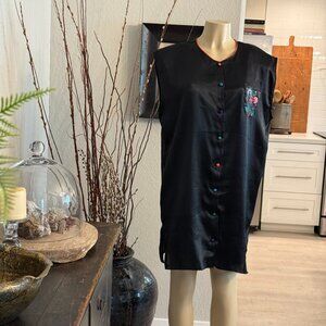 VAL-MODE LINGERIE Black Satin Night Shirt w/ Embroidered Front Pocket